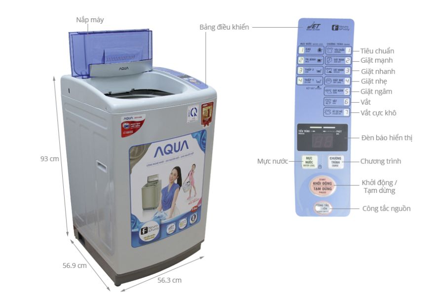 Các bộ phận chi tiết trên máy giặt Aqua 7kg.