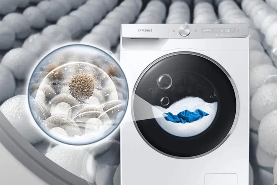 Chế độ giặt ngâm Bubble Soak tạo điều kiện cho bọt xà phòng thấm sâu vào từng sợi vải, giúp làm mềm vải nhanh hơn.