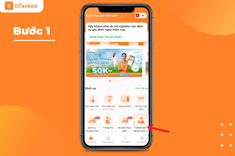 Chọn dịch vụ “Chăm sóc người cao tuổi” trên giao diện app bTaskee.