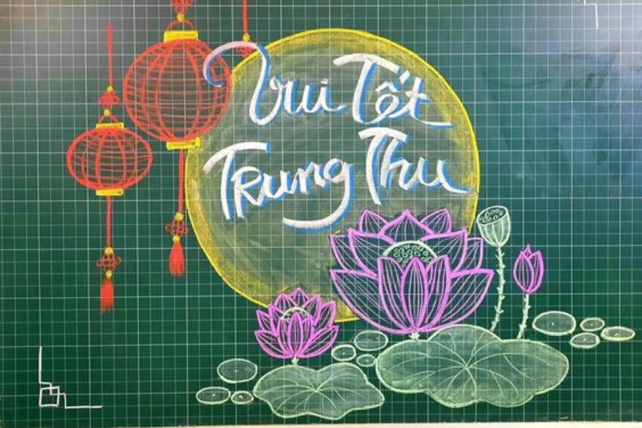 Mẫu trang trí bảng lớp ngày Tết Trung thu với đèn lồng. (Ảnh: Sưu tầm)