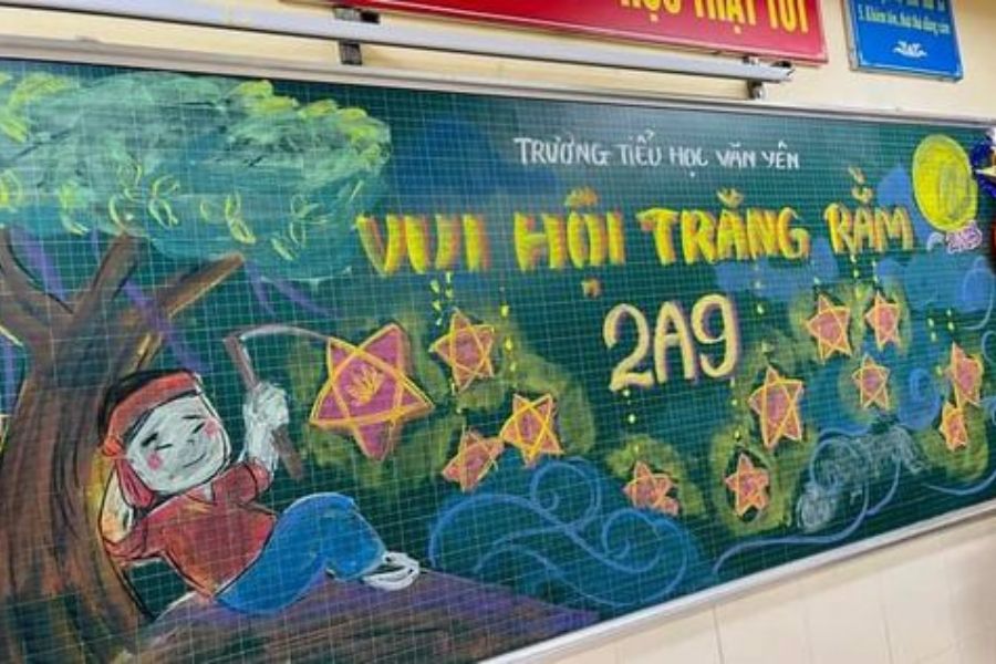 Trang trí bảng Trung thu với chủ đề “Chú Cuội ngồi gốc cây đa". (Ảnh: Sưu tầm)