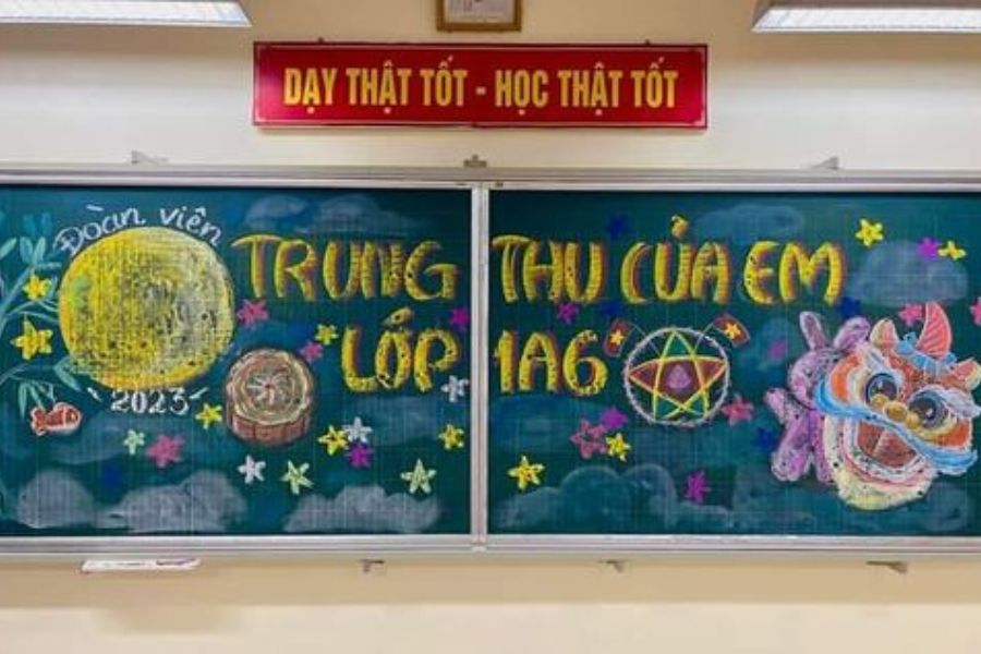 Trang trí bảng Trung thu với chủ đề “Trung thu của em”. (Ảnh: Sưu tầm)