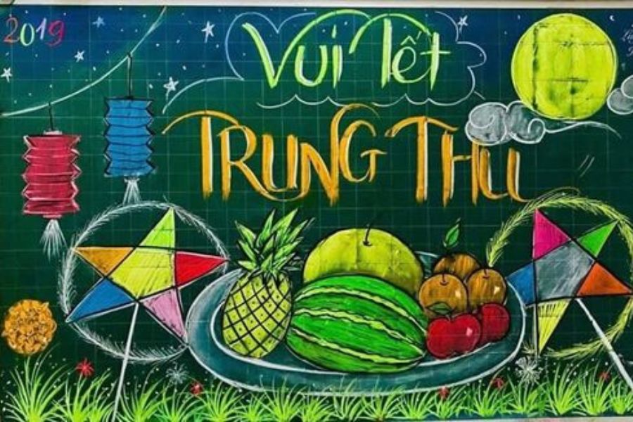 Ý tưởng trang trí bảng Trung thu với mâm ngũ quả. (Ảnh: Sưu tầm)