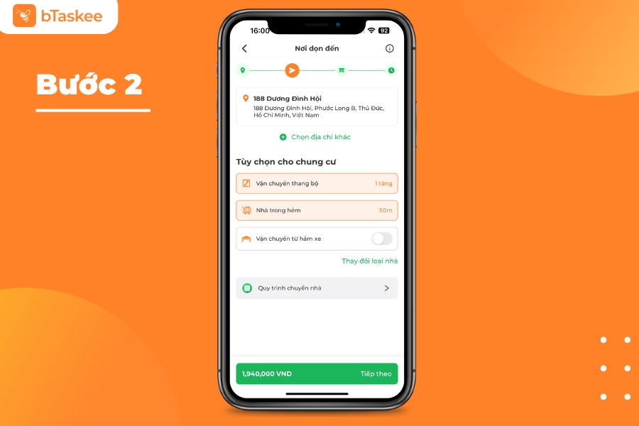 Chọn địa chỉ đến, điền thông tin các tùy chọn tại nơi dọn đến.