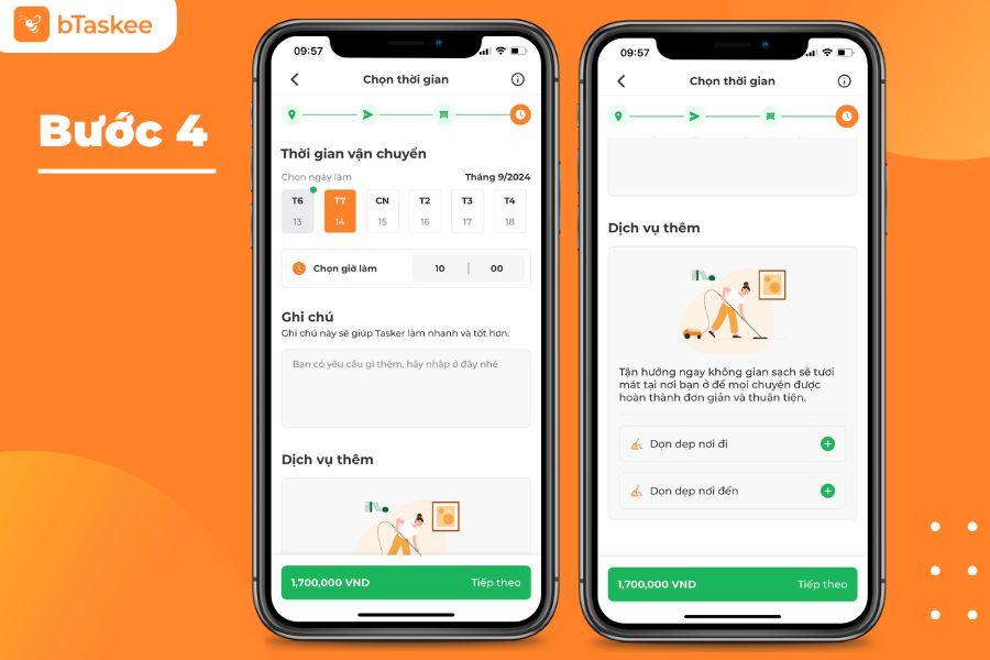 Chọn thời gian cần vận chuyển và dịch vụ thêm (nếu có nhu cầu)