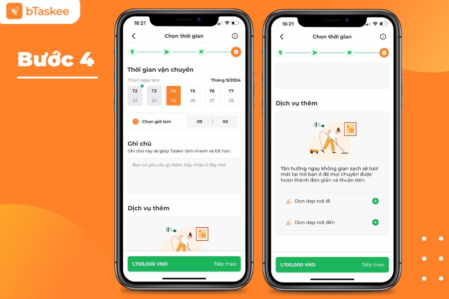 Chọn thời gian cần vận chuyển và dịch vụ thêm (nếu có nhu cầu)