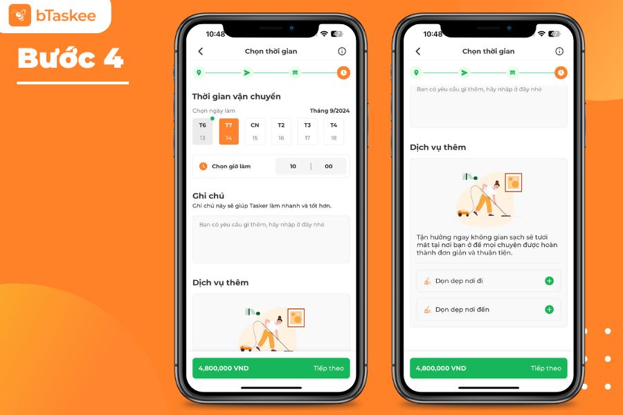 Chọn thời gian và dịch vụ dọn thêm (tùy chọn)
