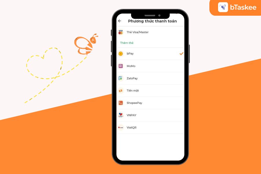 Đa dạng hình thức thanh toán trên ứng dụng bTaskee.