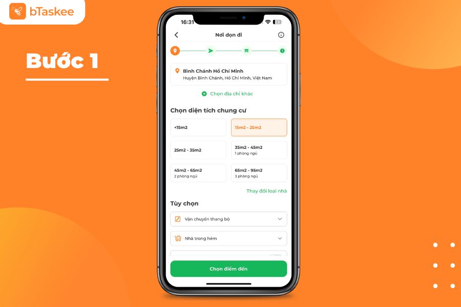 Chọn dịch vụ và chọn địa chỉ nơi đi tại Bình Chánh