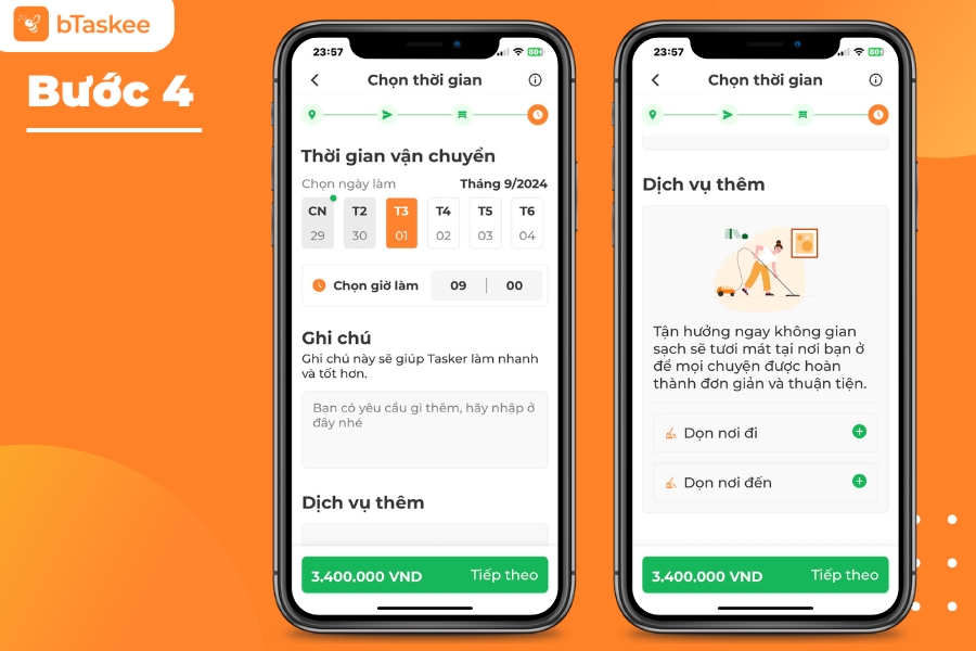 Chọn thời gian cần vận chuyển và dịch vụ thêm (nếu có)