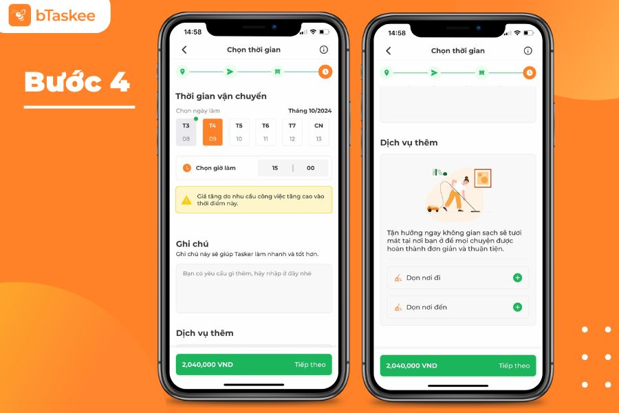 Chọn thời gian và dịch vụ thêm (nếu có nhu cầu).