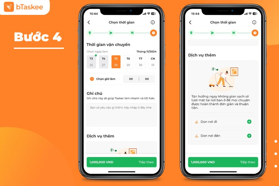 Chọn thời gian muốn vận chuyển và các tiện ích dọn dẹp khác.