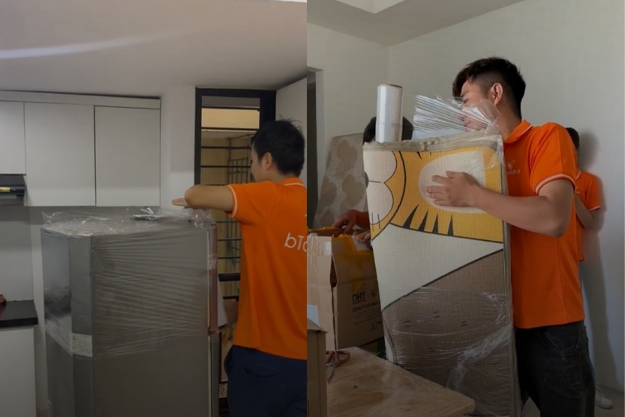 Đồ đạc được đóng gói bằng thùng carton hay quấn màng PE trước khi mang lên xe tải vận chuyển.