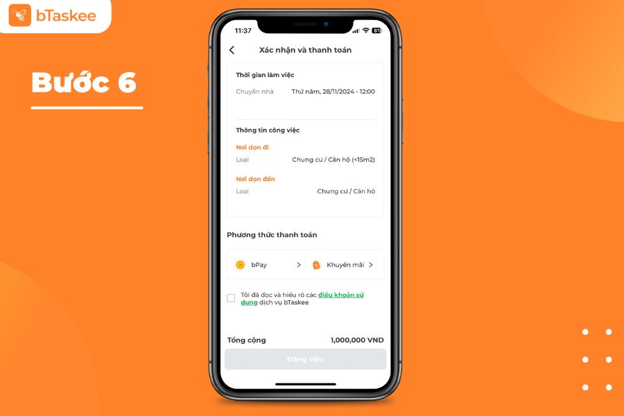 Khách hàng xác nhận và thanh toán thông qua ứng dụng bTaskee.