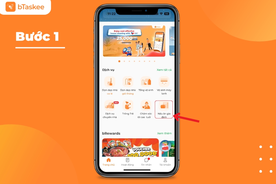 Chọn “Nấu ăn gia đình” trên giao diện app bTaskee.