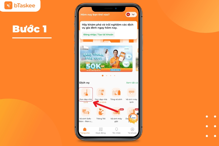 Chọn dịch vụ “Dọn dẹp nhà” trên app bTaskee.