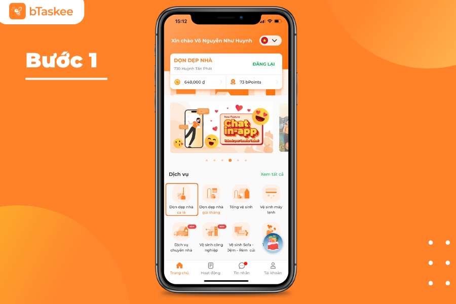 Chọn dịch vụ Dọn dẹp nhà trên ứng dụng bTaskee.