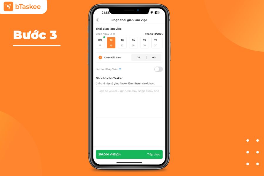 Chọn thời gian làm việc và ghi chú cho Tasker.