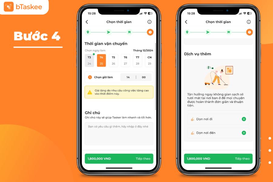 Chọn thời gian muốn vận chuyển và các tiện ích dọn dẹp khác.