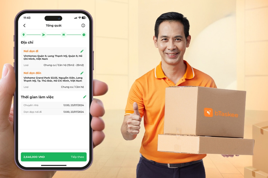 Khách hàng chỉ cần đặt lịch qua app bTaskee, Tasker sẽ có mặt ngay.
