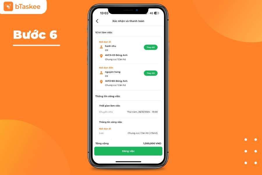 Kiểm tra đầy đủ thông tin, nhấn xác nhận đăng việc để hoàn tất đặt lịch.