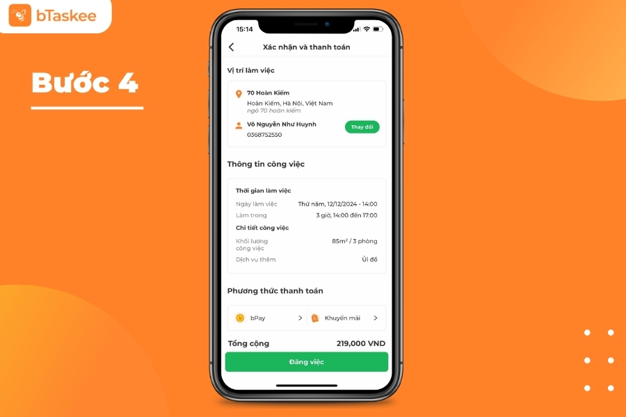 Kiểm tra thông tin chi tiết công việc, chọn phương thức thanh toán và nhấn đăng việc.