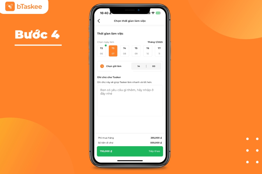 Chọn thời gian đặt lịch dịch vụ đi chợ hộ đầu năm, ghi chú các yêu cầu cho Tasker.