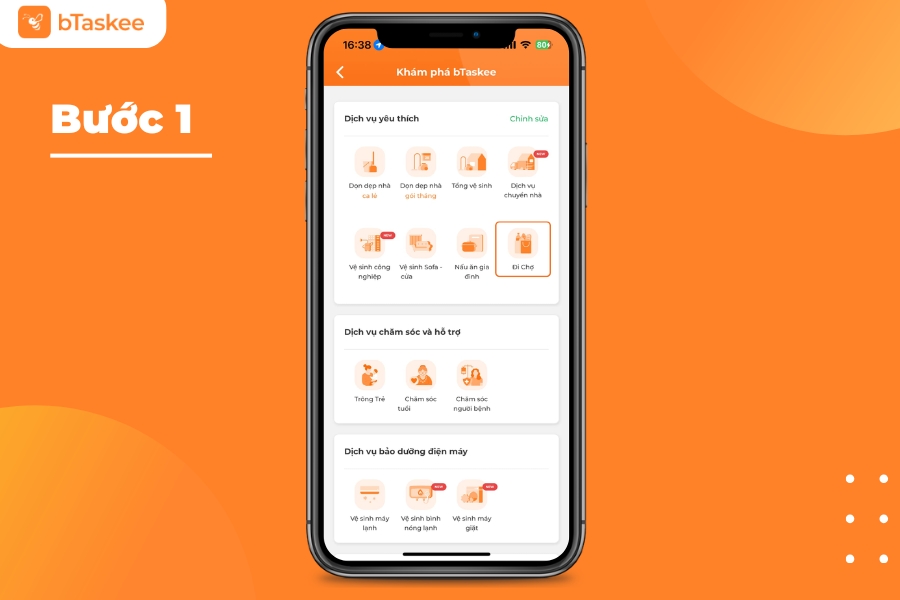 Nhấn chọn dịch vụ đi chợ trên ứng dụng bTaskee.