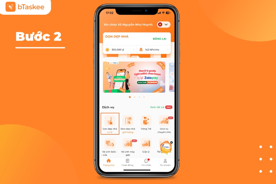 Chọn dịch vụ "Dọn dẹp nhà".